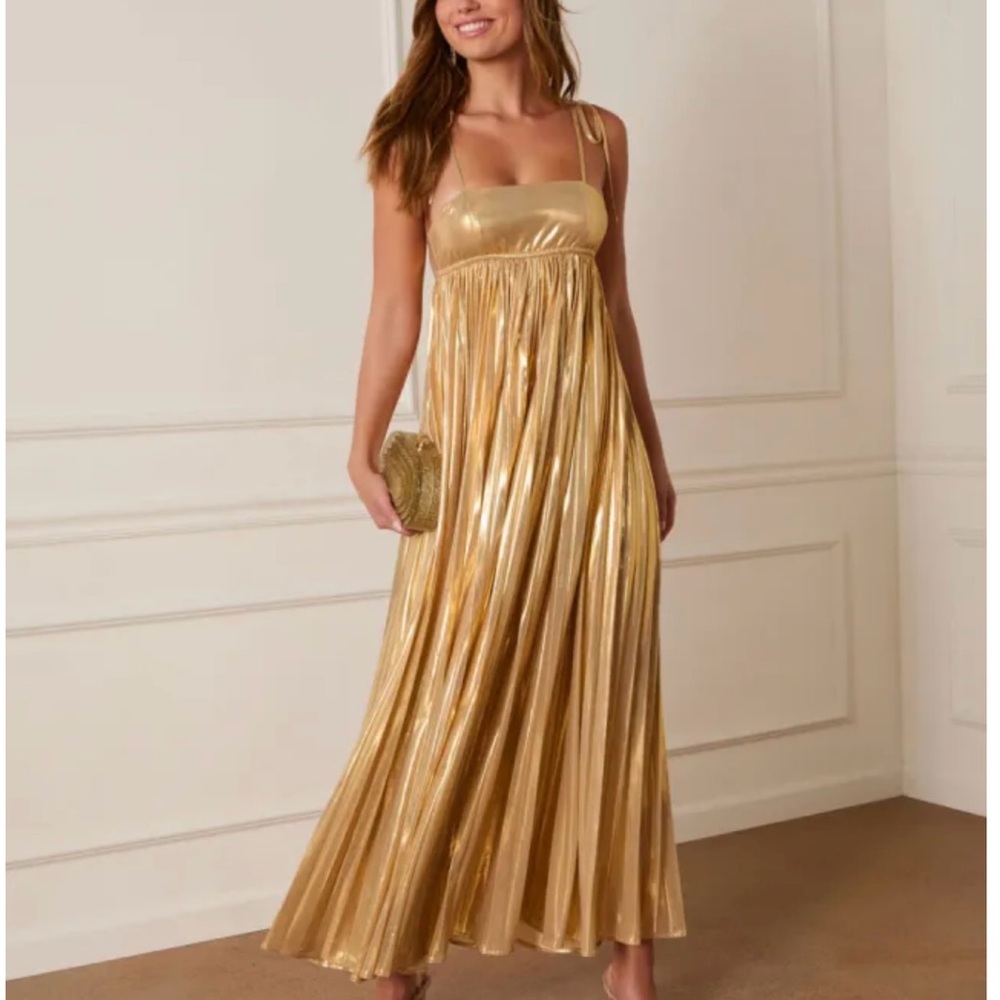 VICI Gold Pleated Metallic Midi Dress with Tie Straps | NWT | Medium